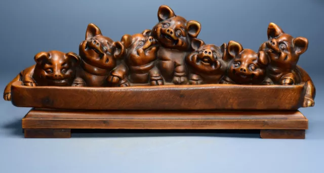 Chinese Old Boxwood Wood Carving Happy Pig Statue Home Decor Nice Art Work Gift