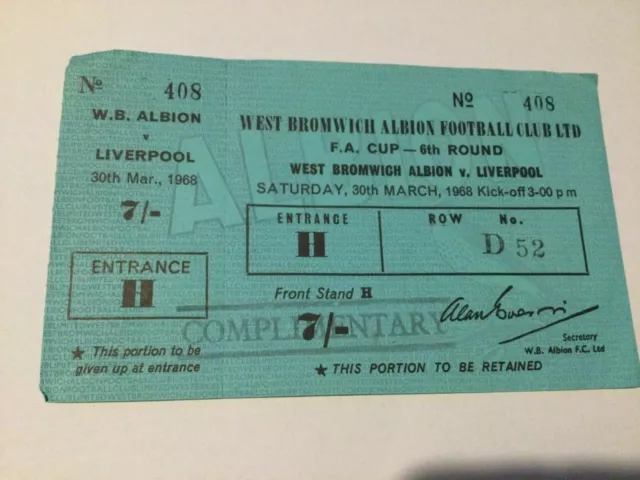 30/3/1968 WBA WEST BROMWICH ALBION v Liverpool FA CUP 6th Round Unused Ticket