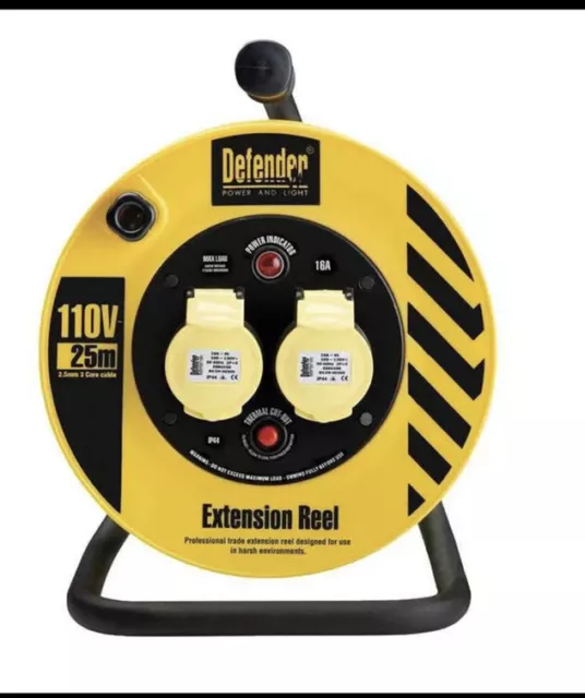 Mulinello Estensione Cavo Defender Giallo 1,5mm2 2 vie 16A 25 M 110V Nuovo.