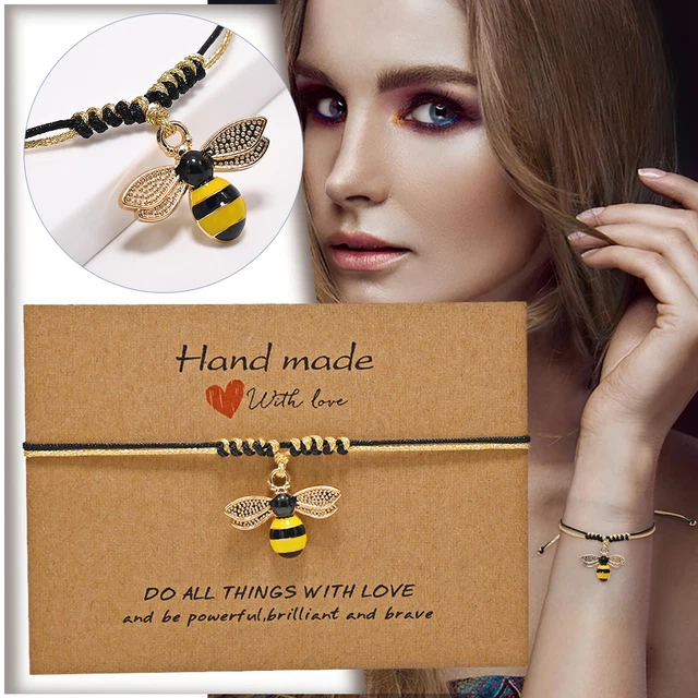 Pulsera trenzada abeja tarjeta personalizada tejida a mano