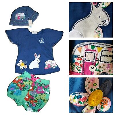 Next Girls Outfit Bunny Baby 3-6 Months Tunic Top Shorts & Hat Set Caravan BNWT