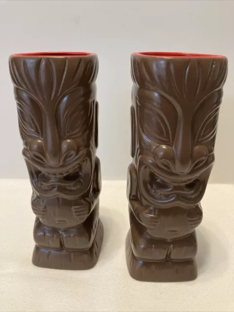 OGGI 2 Ceramic Tiki Mug 23 Oz Brown & Red Hawaiian Tropical 8-1/4 Inches Tall