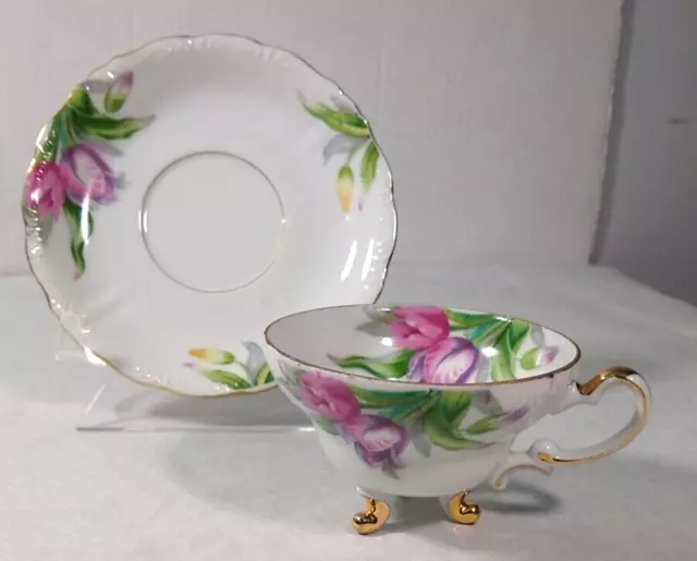 ucagco china Tea Cup & Saucer Three Footed Tulips Made in Japan gold trim vtg