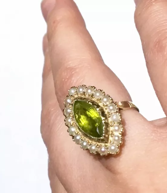 English NATURAL PERIDOT pearl seed halo 9ct 9k yellow gold Georgian style ring