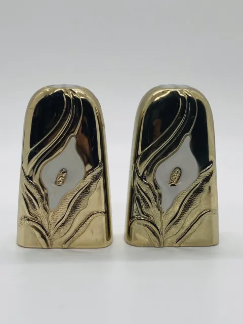 Retro Gold Plated Brass Salt and Pepper Shakers Heavy with Calla Lily Flower