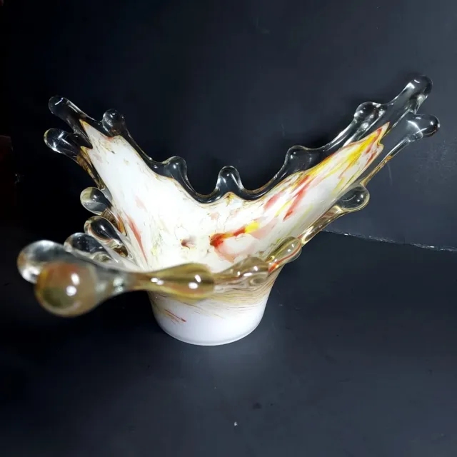 Studio Art Glass Vase, Clear with White/Orange/Yellow Swirl Pattern
