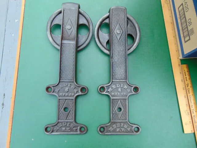 2 LG Original Antique Victorian MEDINA #6 CAST IRON BARN DOOR ROLLERS