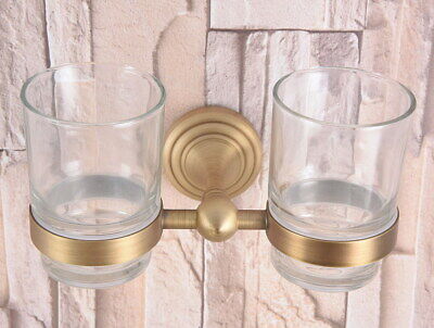 Antique Brass Wall Mounted Toothbrush Holder with A pair Glass Cups 2ba737