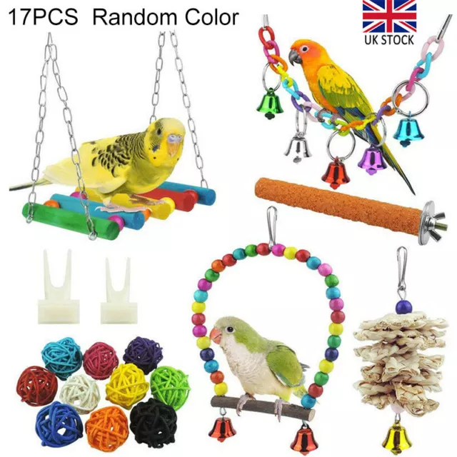 17 Pack Parrot Toys Set Metal Rope Small Ladder Stand Budgie Cockatiel Cage Bird