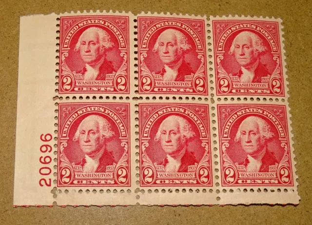 1932 Scott 707 Washington 2c Plate Block (6 Stamps)