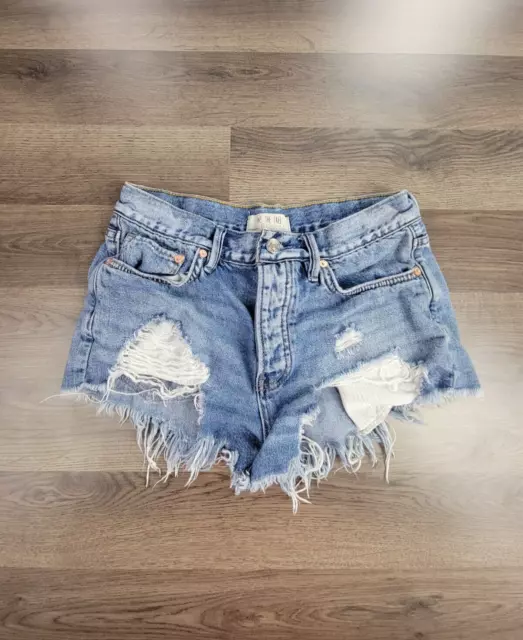 We The Free Denim Jean Shorts Size 26 Distressed Fringe Button Fly Women's