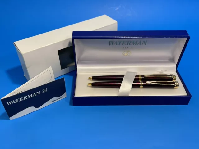 Waterman’s Paris Ballpoint Pen & Pencil Set Maroon Red Brown  In Case & Folder