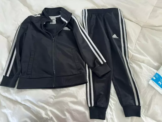 Adidas Youth Size 5 2-Piece Black Track Suit With Zip Up Jacket And Track Pants
