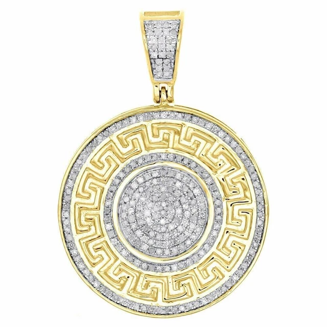 Pendentif Médaillon Méduse Clé Grecque Moissanite Ronde Plaqué Or Jaune 14K...