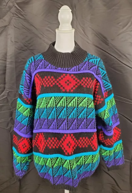 Vtg Croquet Club Sweater Womens Large Neon Geometric Artsy Funky Knit Pullover