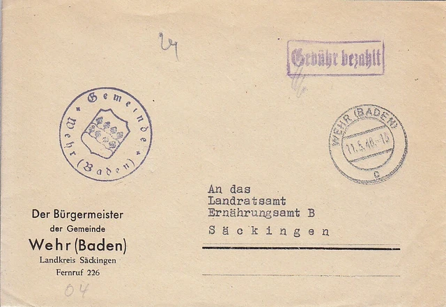 F.Zone - WEHR  (BADEN)  - Gebühr bezahlt - Brief - 1946