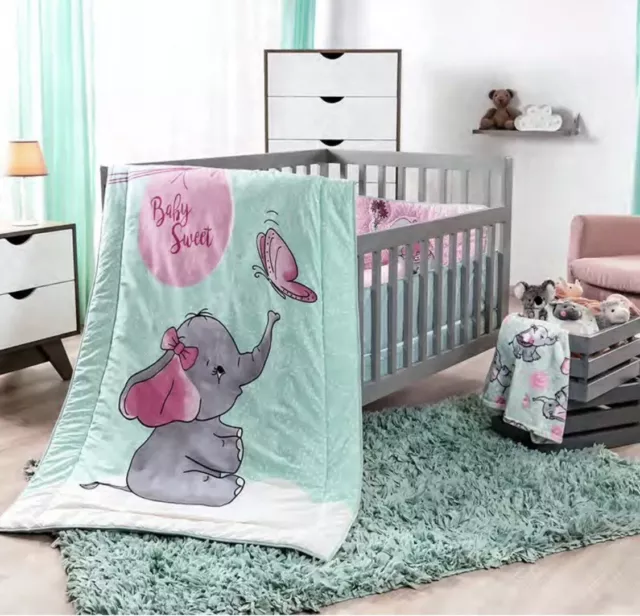 Dulce Elefante Bebé Niña Cuna Juego De Cama Para Niños 4 Piezas