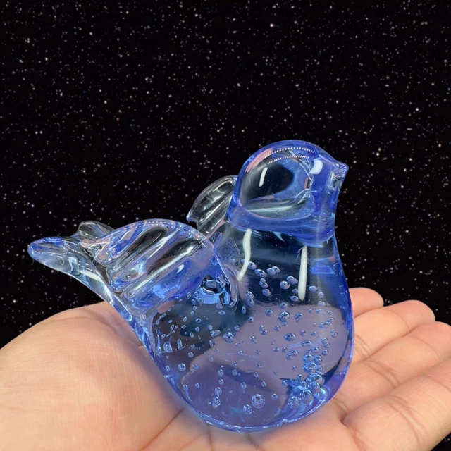 Art Glass Bird Figurine Paperweight With Small Bubbles Blue Glass 4”W 3”T 2