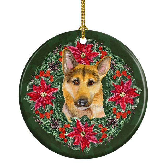 German Shepherd #2 Poinsetta Wreath Ceramic Ornament CK1577CO1