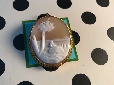 Vintage To Antique Italian 18K Carved Cameo Of Maiden By Sea Pendant Or Brooch