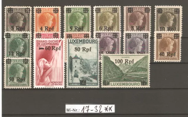 DB 1939-45 Luxemburg Mi.-Nr.: 17-32 Freimarken 1940 sauber postfrischer Satz