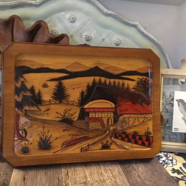 Hand Carved Mountain Watermill House Scene Wall Plaque 3D Effect Cabin Rustic