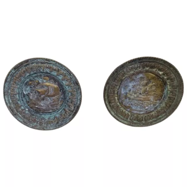 Vintage PEERAGE England Brass Copper Wall Hanging Viking Ships Set Of 2 Patina