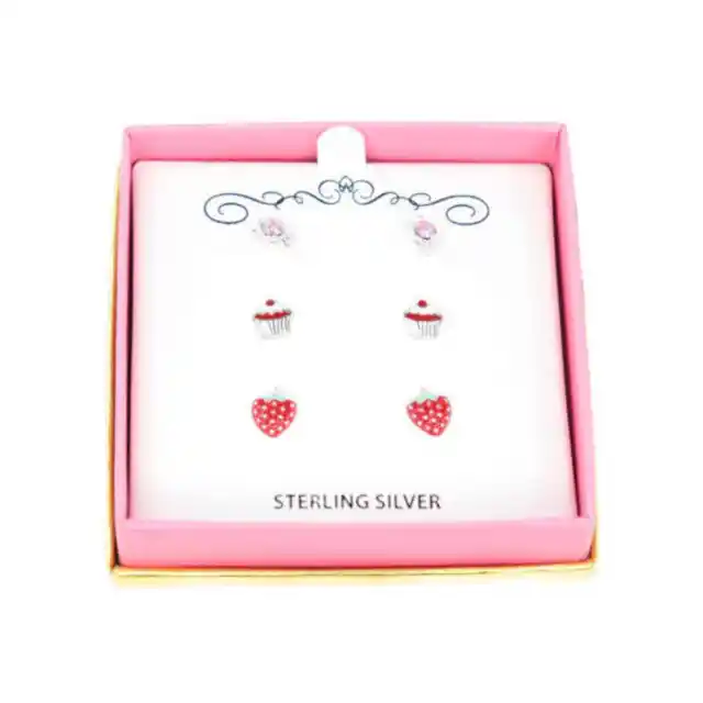 Childrens Sterling Silver/Pink Crystal Stud Earrings Dessert-Inspired Candy