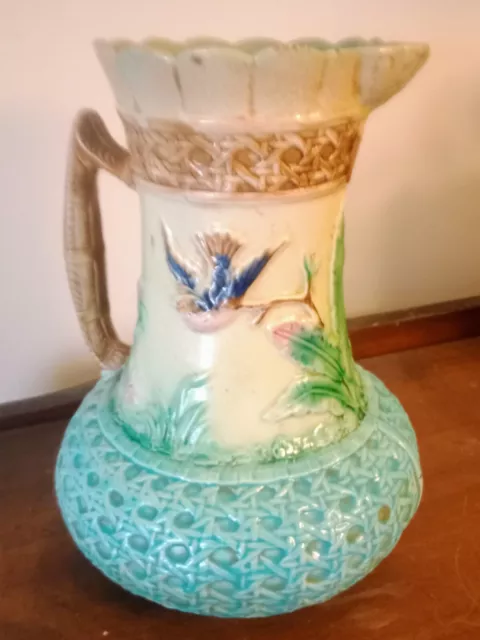 Lovely Majolica  Pitcher With Birds Bamboo Motif Vintage 3