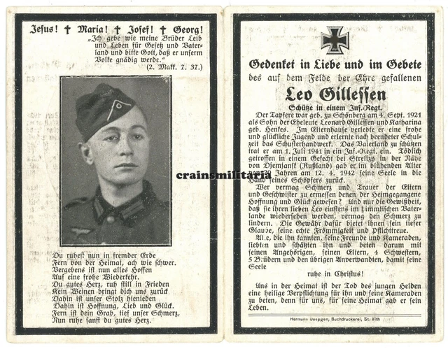 Orig. Sterbebild 320.ID Soldat ° Belgien Sankt Vith + Strelizy Russland 1942