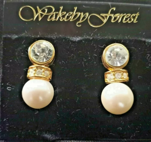 Estate Vintage Faux PEARL & RHINESTONE Gold-Tone DROP Pierced Earrings -NEW OS