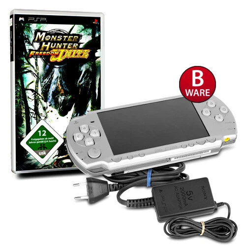 Psp Console 2004 Slim Argent # 23B +Câble Du Chargeur + Jeu Monster Chasseur