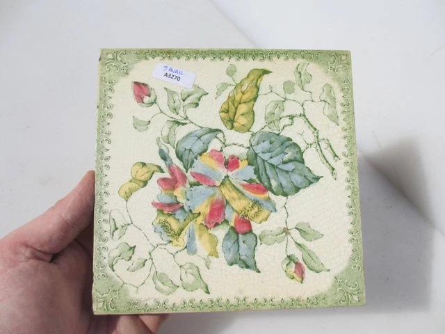 Antique Ceramic Tile Vintage Floral Art Nouveau Flowers Old Leaf