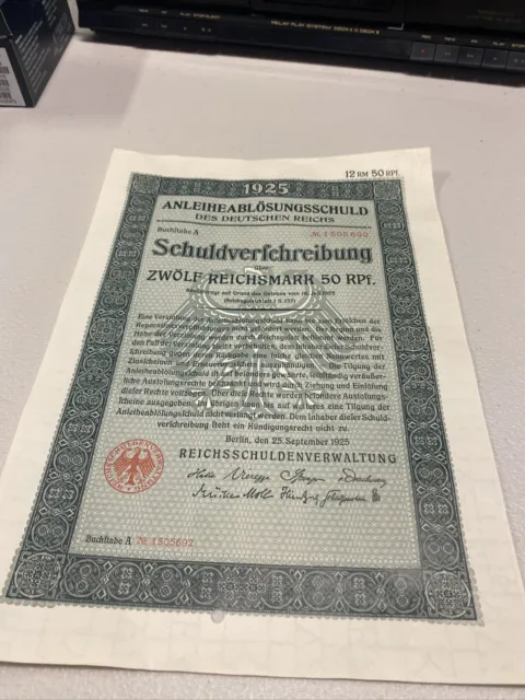 German War Bond Certificate 12 Rm 50 Rpf 1925