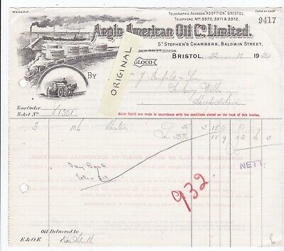 Oil Anglo American Oil Limited Vintage Invoice 1924  Bristol Variant White Rose