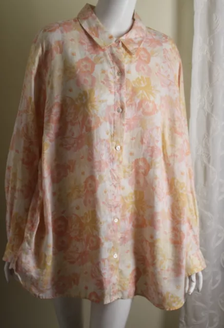 J.Jill Sz 2X Peach Floral Beautiful  100% Linen Blouse Shirt Top