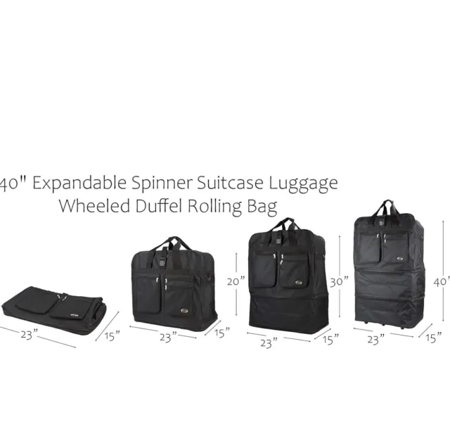 40" Black Expandable Rolling Duffle Bag Wheeled Spinner Suitcase Luggage