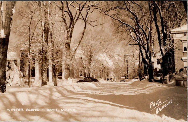 Winter Street View, BATH, Maine Real Photo Postcard - Douglas