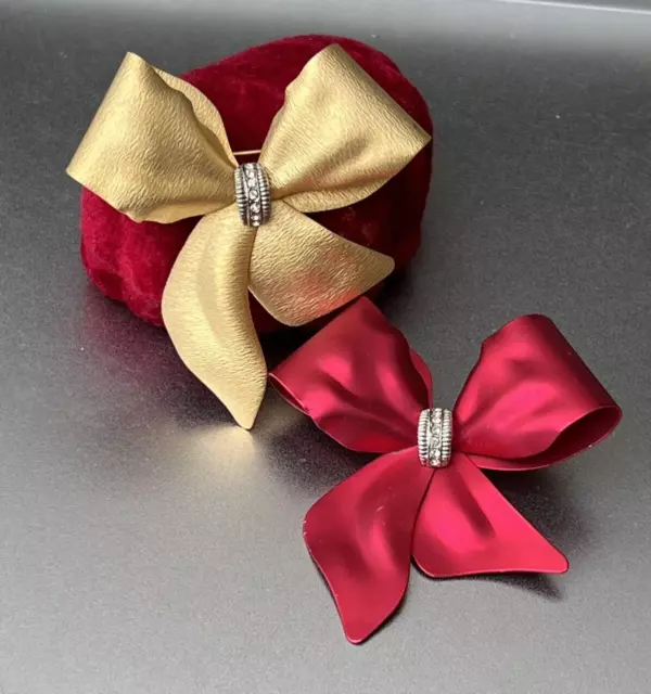 Vtg Christmas Bow Brooch Pair, Rhinestone Accents, Red & Gold, Large 2.75"