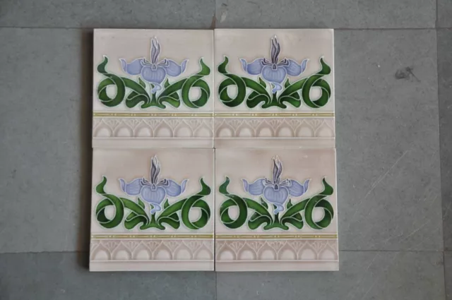 4 Pc Vintage Leaves & Flower Vine Design Art Nouveau Architecture Tiles,Japan