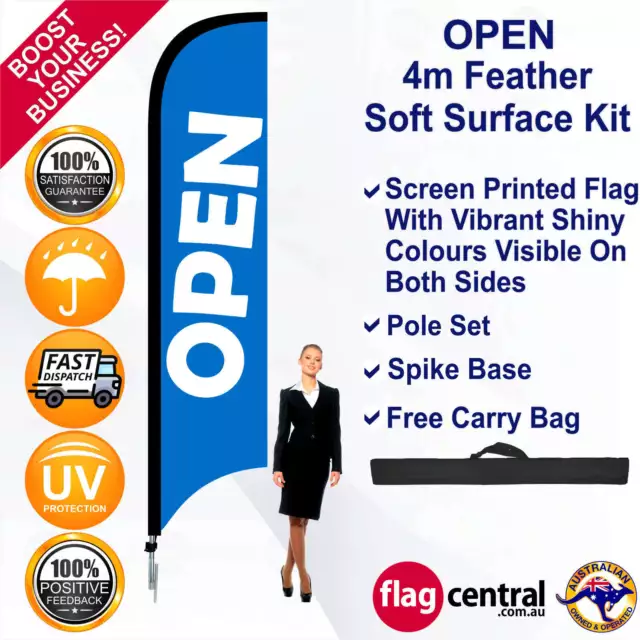 OPEN Blue 4m Feather Flag/Banner Kit with Spike *Striker *UV Protected *Windless