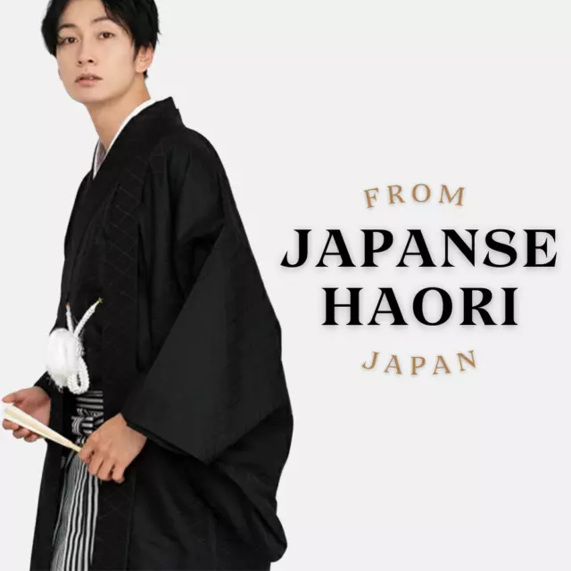 Japanese Men's Traditional Kimono HAORI Montsuki Hakama 3pcs Set Black