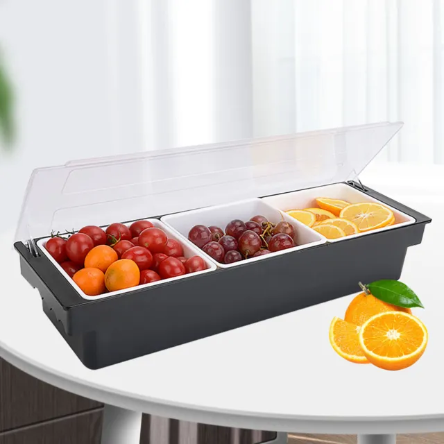 Black Plastic Fruit Caddy Tray Bar Top 3 Compartment Condiment Dispenser+Lid Kit