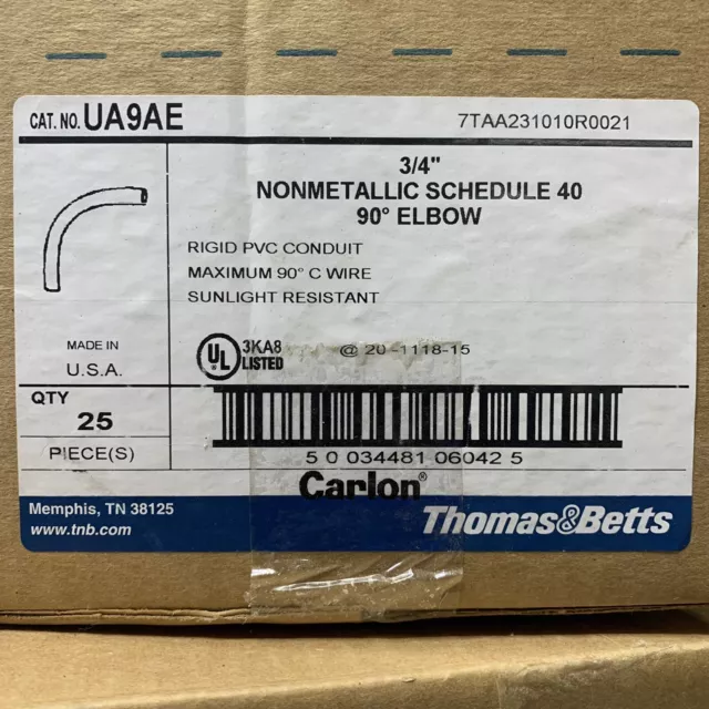 BOX OF 25 Carlon UA9AE SCH 40 90 Degree Rigid Non-Metallic Elbow; 3/4” Diameter