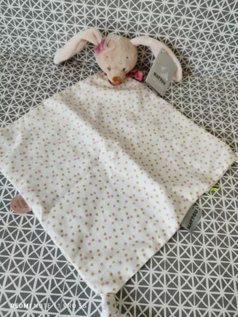 Doudou plat lapin Sacha et Pauline beige rose blanc imprimé Nattou neuf