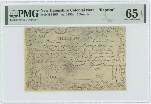 1755/6 New Hampshire 3 Pounds NH-98 PMG GEM 65 EPQ c. 1850 Cohen Reprint