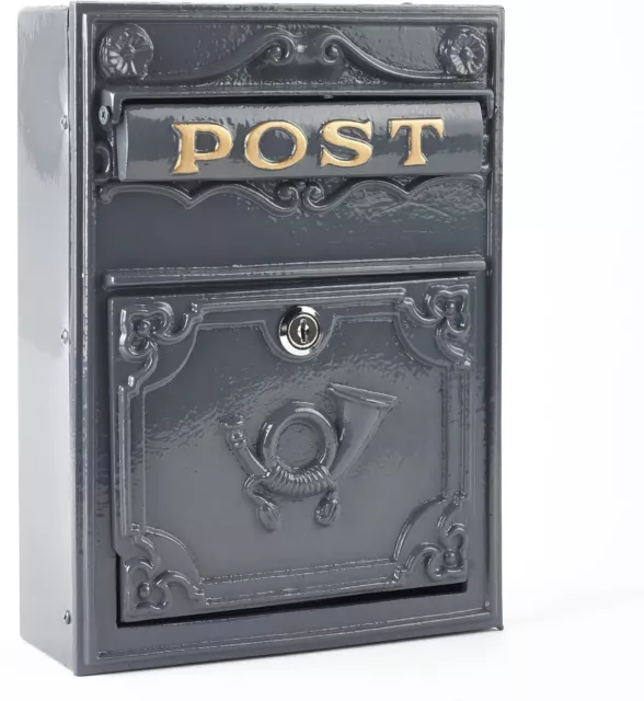 Post Box Grey Stylish Old England Compact Post Box Lockable & Wall Mounted