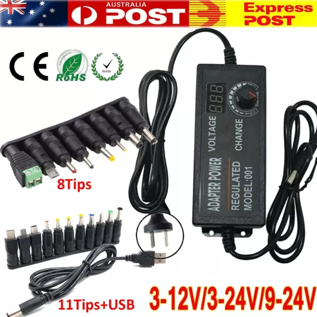 Multi-Voltage Adjustable Power Supply Universal Adapter Charger Switch +8/11Tips