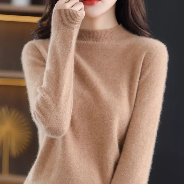 Womens Semi-high Collar 100% Pure Wool Sweater Cashmere Knitted Tops  Pullovers