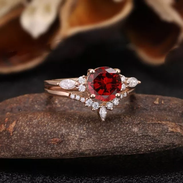 Brilliant Cut Garnet Rose Gold Plated On Silver Victorian Engagement Ring Set